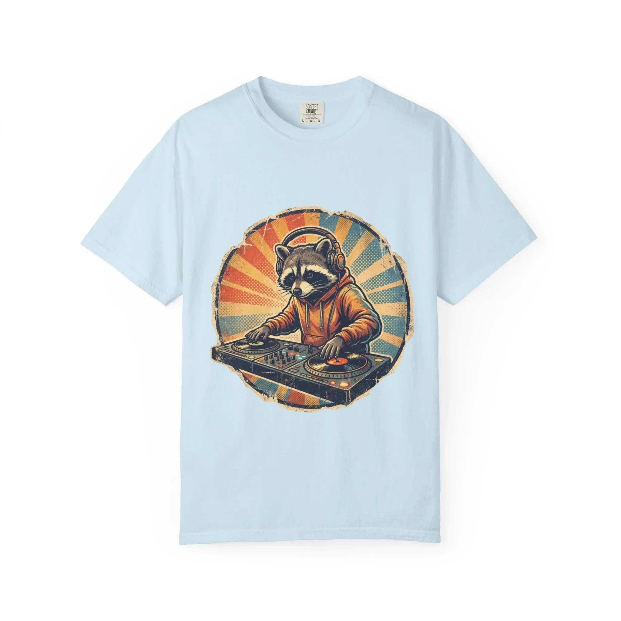 DJ Raccoon T-shirt, Retro Sunset Raccoon T-shirt, Funny DJ Turntable T-shirt, EDM Music Festival Outfit, Gift for Music Lovers. Chambray
