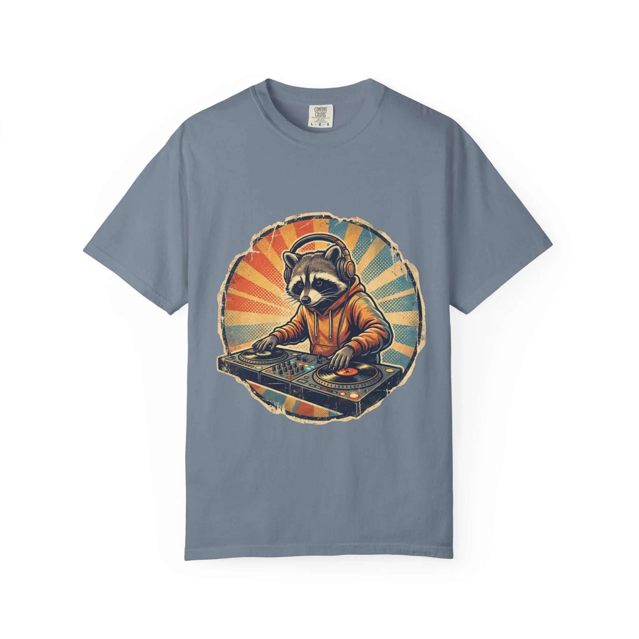 DJ Raccoon T-shirt, Retro Sunset Raccoon T-shirt, Funny DJ Turntable T-shirt, EDM Music Festival Outfit, Gift for Music Lovers. Blue Jean
