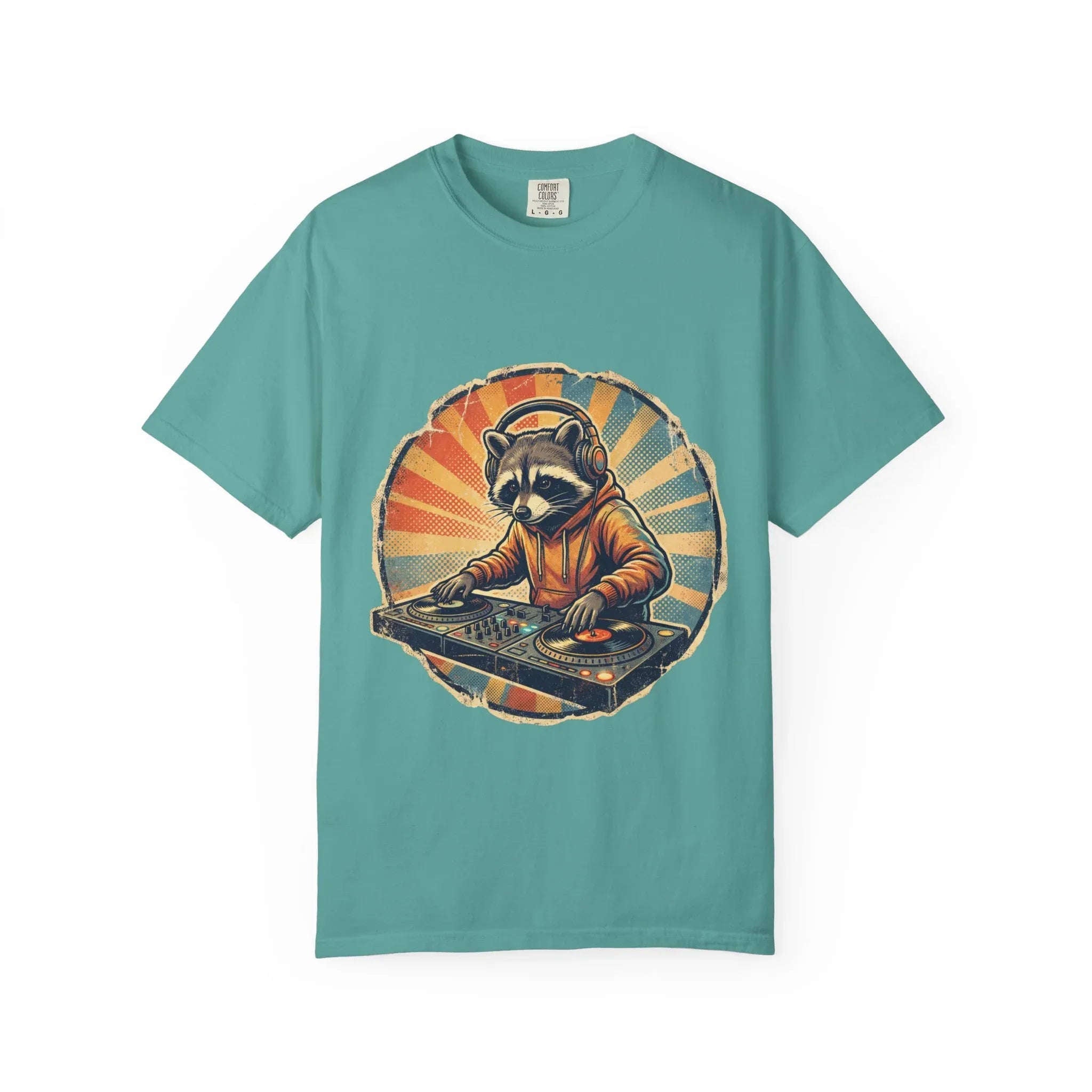DJ Raccoon T-shirt, Retro Sunset Raccoon T-shirt, Funny DJ Turntable T-shirt, EDM Music Festival Outfit, Gift for Music Lovers. Seafoam