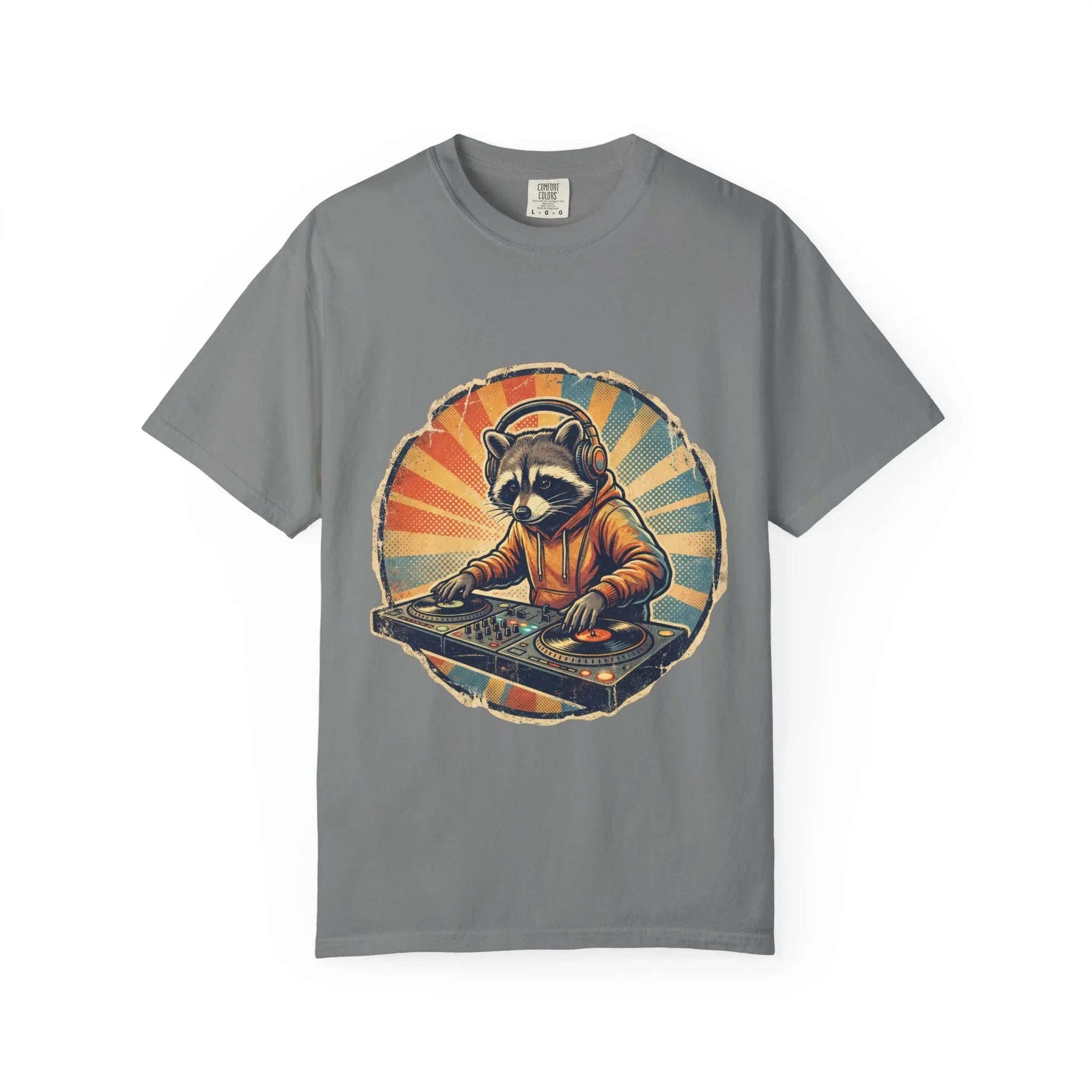 DJ Raccoon T-shirt, Retro Sunset Raccoon T-shirt, Funny DJ Turntable T-shirt, EDM Music Festival Outfit, Gift for Music Lovers. Grey
