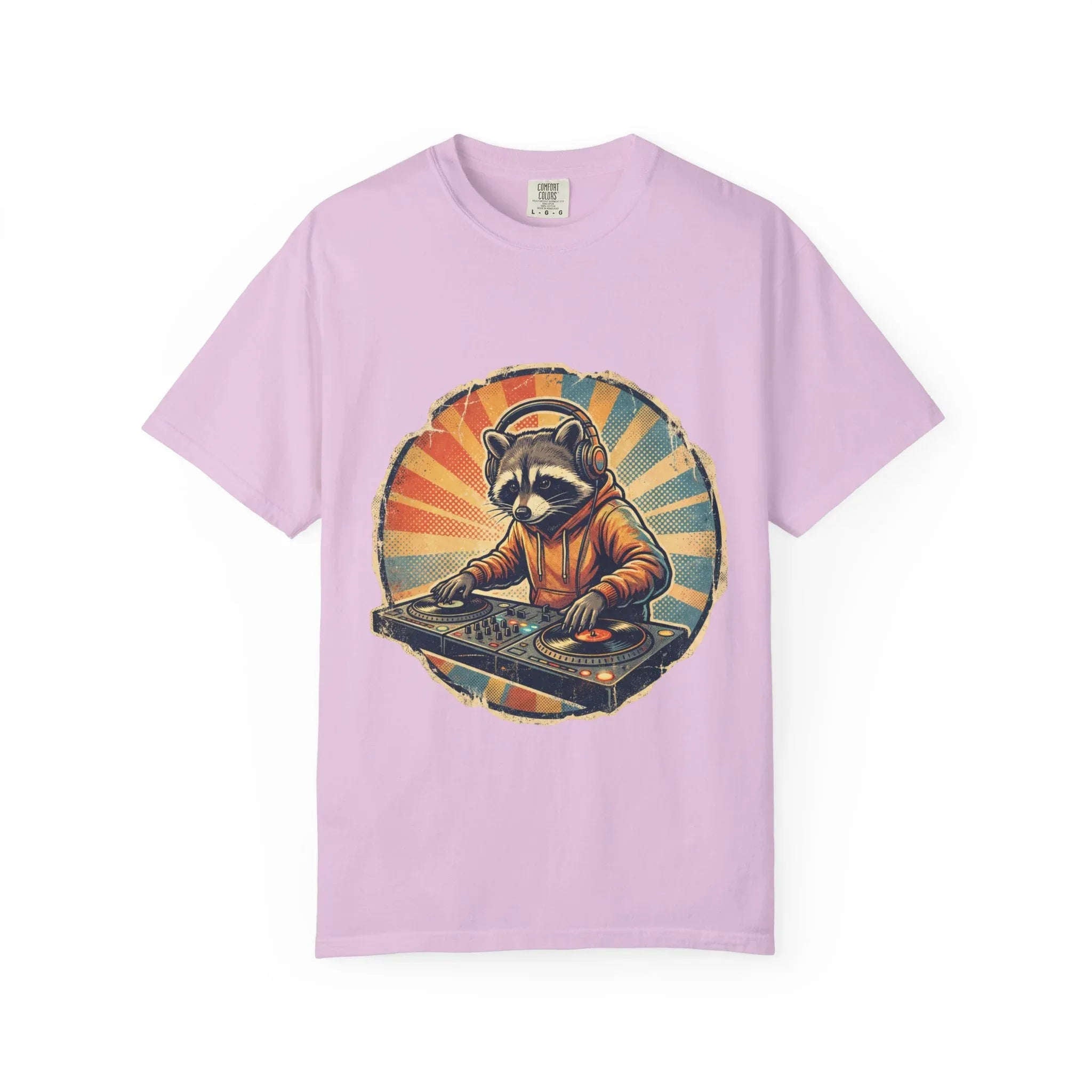 DJ Raccoon T-shirt, Retro Sunset Raccoon T-shirt, Funny DJ Turntable T-shirt, EDM Music Festival Outfit, Gift for Music Lovers. Orchid