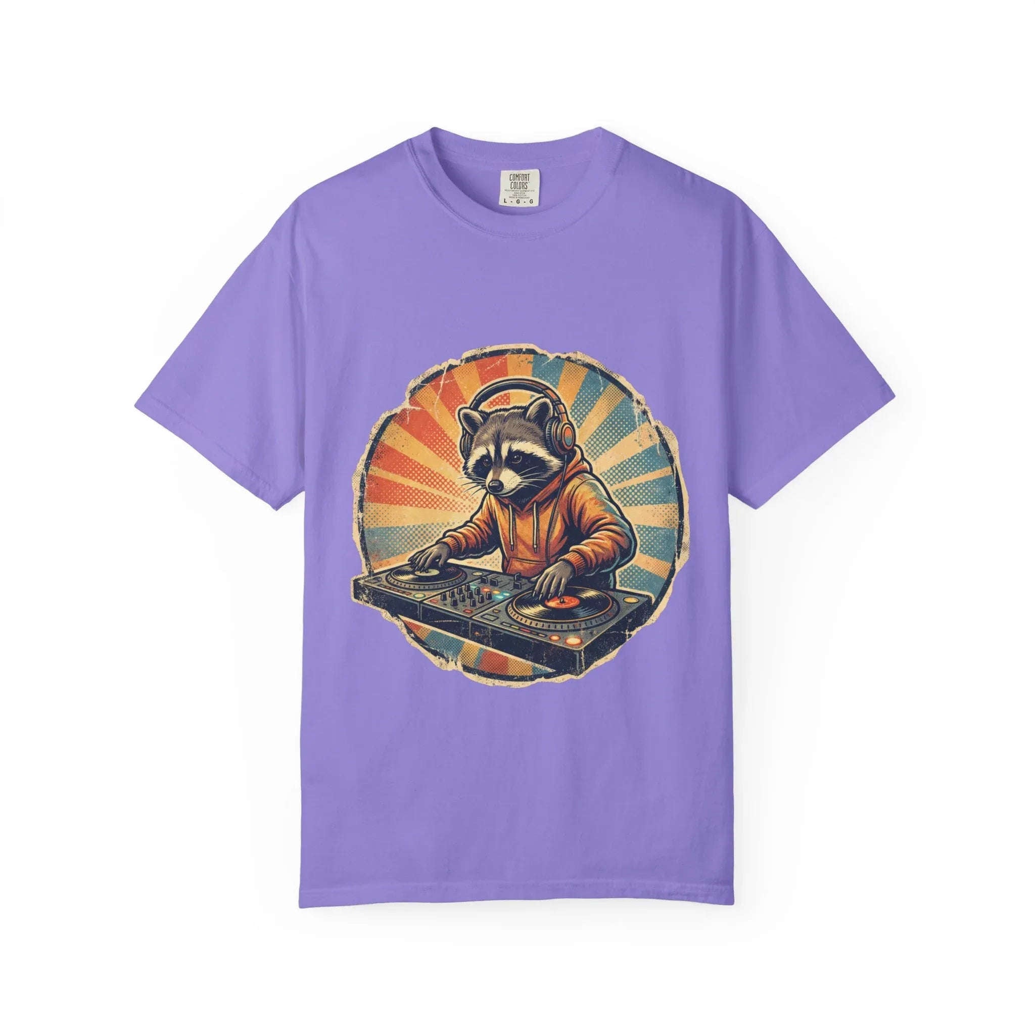 DJ Raccoon T-shirt, Retro Sunset Raccoon T-shirt, Funny DJ Turntable T-shirt, EDM Music Festival Outfit, Gift for Music Lovers. Violet