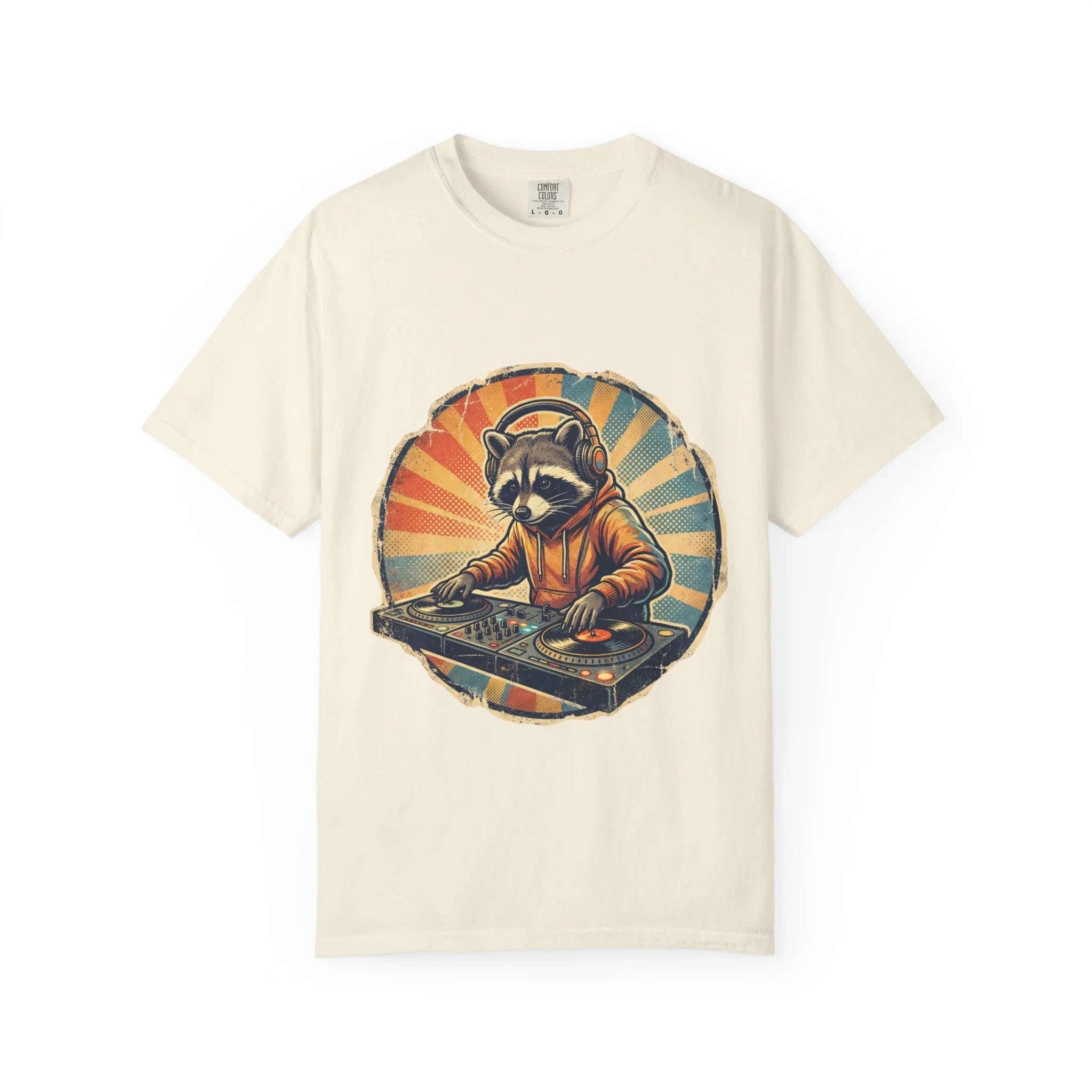 DJ Raccoon T-shirt, Retro Sunset Raccoon T-shirt, Funny DJ Turntable T-shirt, EDM Music Festival Outfit, Gift for Music Lovers. Ivory