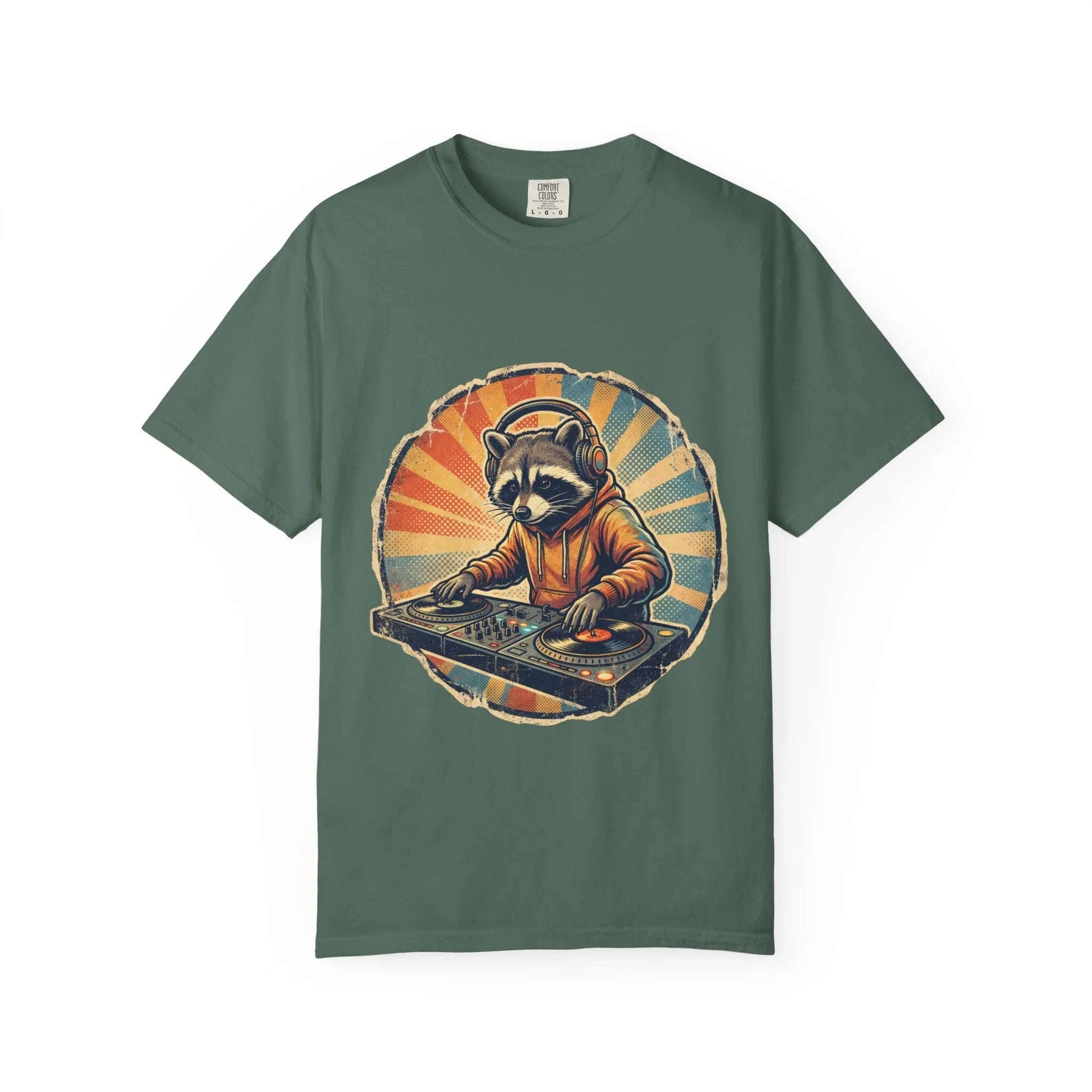 DJ Raccoon T-shirt, Retro Sunset Raccoon T-shirt, Funny DJ Turntable T-shirt, EDM Music Festival Outfit, Gift for Music Lovers. Blue Spruce