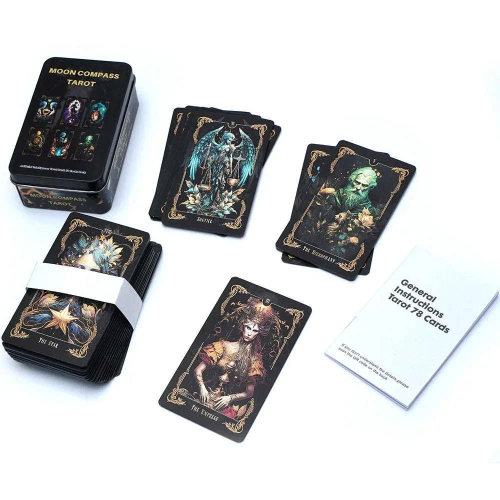 🌙 DMoon Compass Tarot & Del Toro Tarot Deck – 78 Cards | Gilded Edge, Paper Guidebook | Beginner Friendly | Tin Metal Box