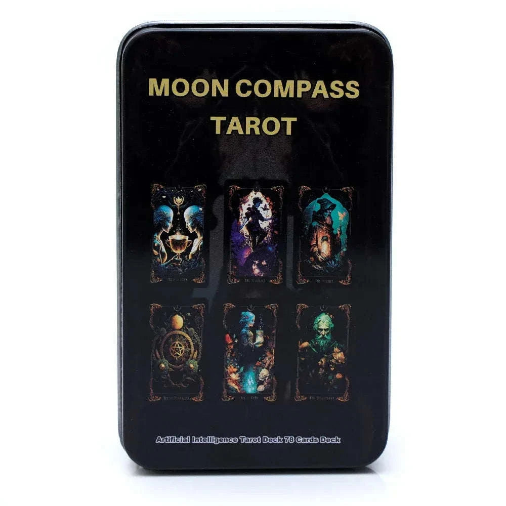 🌙 DMoon Compass Tarot & Del Toro Tarot Deck – 78 Cards | Gilded Edge, Paper Guidebook | Beginner Friendly | Tin Metal Box