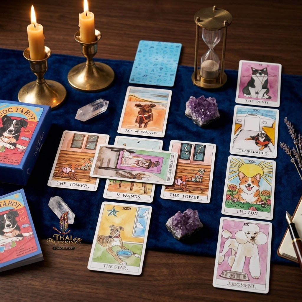 ✨ Dog Tarot Deck in Rigid Box: 78 Pcs Cards Inspired By Wise Canine Companions, Printed on 350GSM Double-Embossed Cardstock (12x7cm) Thai Blessing Co By RURUECHA