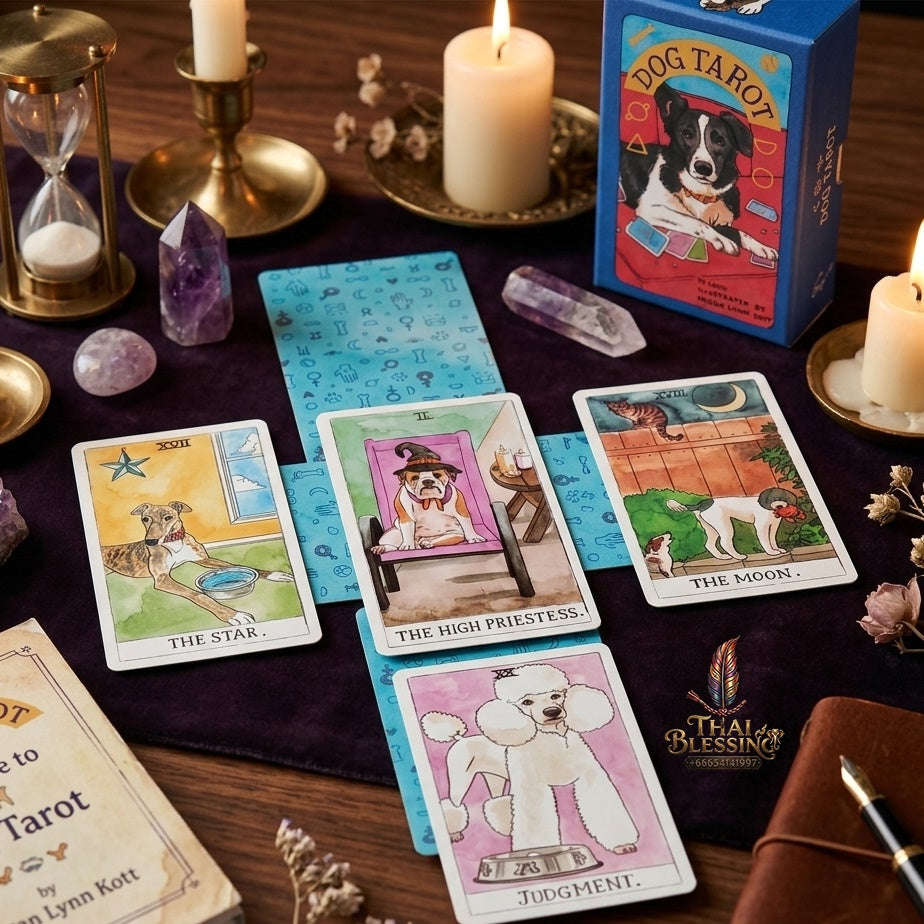 ✨ Dog Tarot Deck in Rigid Box: 78 Pcs Cards Inspired By Wise Canine Companions, Printed on 350GSM Double-Embossed Cardstock (12x7cm) Thai Blessing Co By RURUECHA