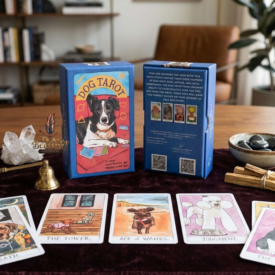 ✨ Dog Tarot Deck in Rigid Box: 78 Pcs Cards Inspired By Wise Canine Companions, Printed on 350GSM Double-Embossed Cardstock (12x7cm) Thai Blessing Co By RURUECHA