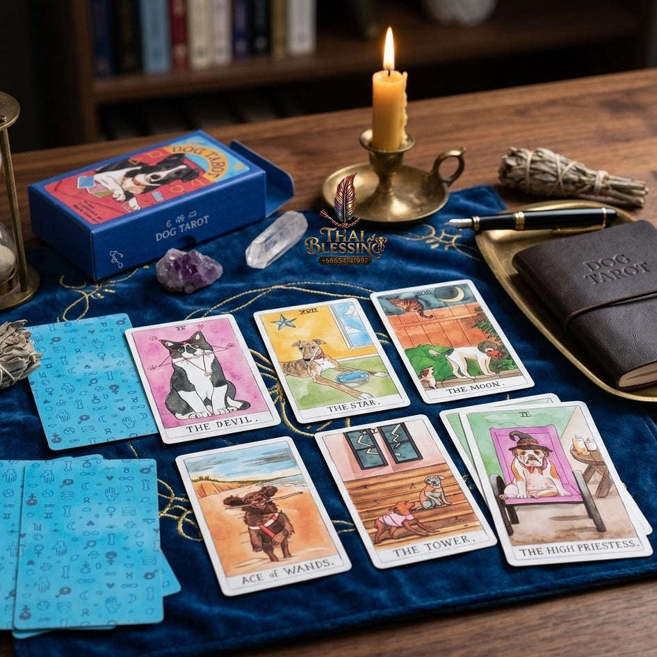 ✨ Dog Tarot Deck in Rigid Box: 78 Pcs Cards Inspired By Wise Canine Companions, Printed on 350GSM Double-Embossed Cardstock (12x7cm) Thai Blessing Co By RURUECHA