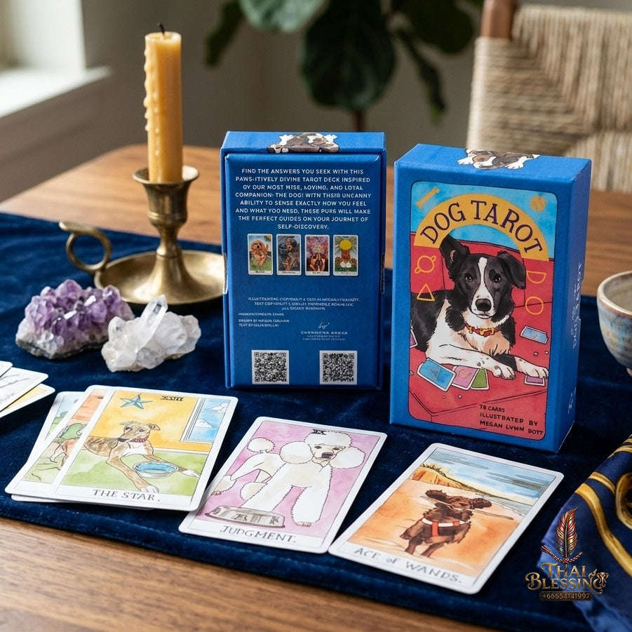 ✨ Dog Tarot Deck in Rigid Box: 78 Pcs Cards Inspired By Wise Canine Companions, Printed on 350GSM Double-Embossed Cardstock (12x7cm) Thai Blessing Co By RURUECHA