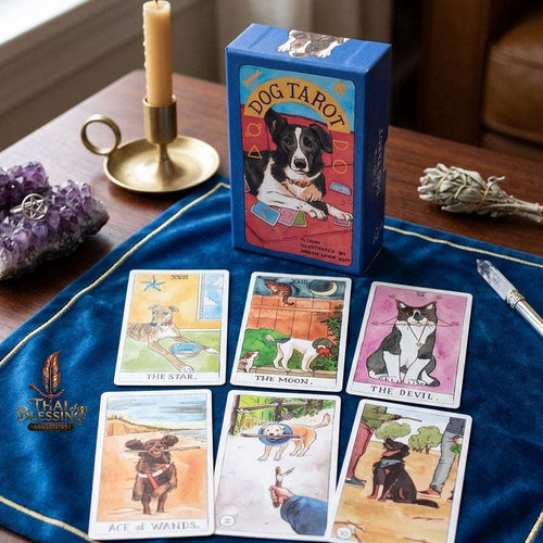 ✨ Dog Tarot Deck in Rigid Box: 78 Pcs Cards Inspired By Wise Canine Companions, Printed on 350GSM Double-Embossed Cardstock (12x7cm) Thai Blessing Co By RURUECHA