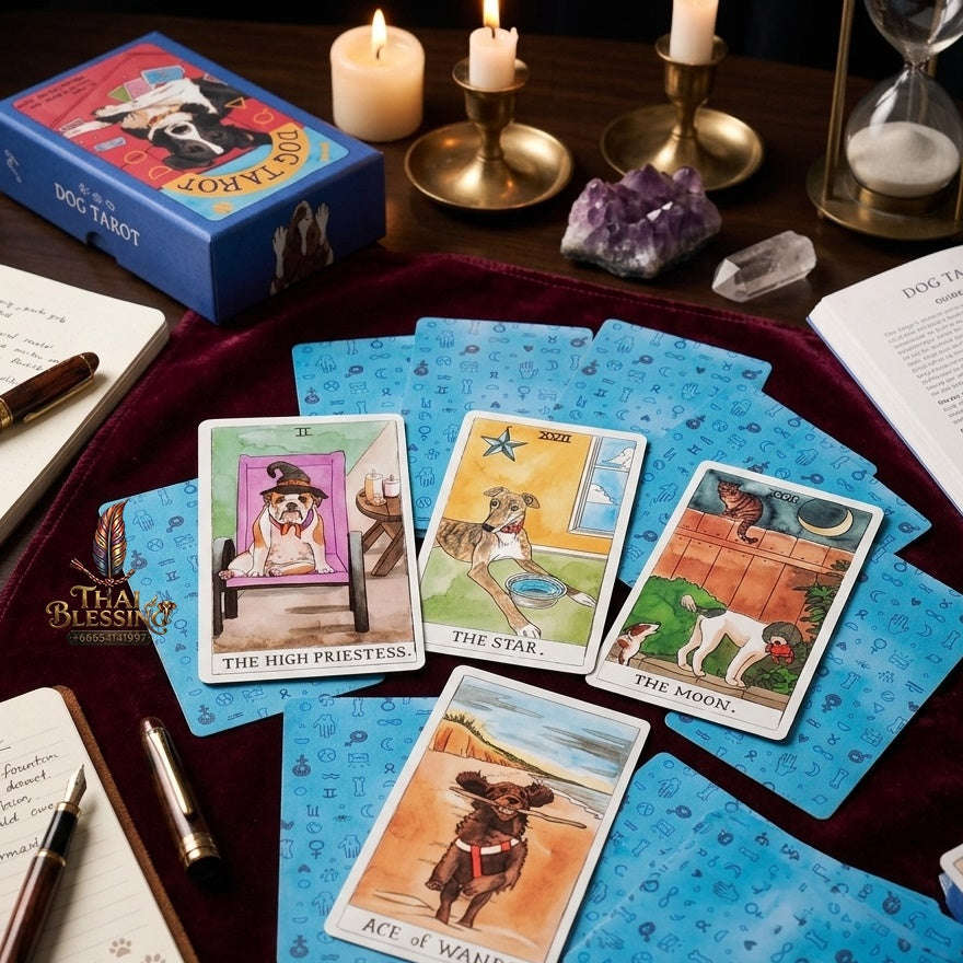 ✨ Dog Tarot Deck in Rigid Box: 78 Pcs Cards Inspired By Wise Canine Companions, Printed on 350GSM Double-Embossed Cardstock (12x7cm) Thai Blessing Co By RURUECHA