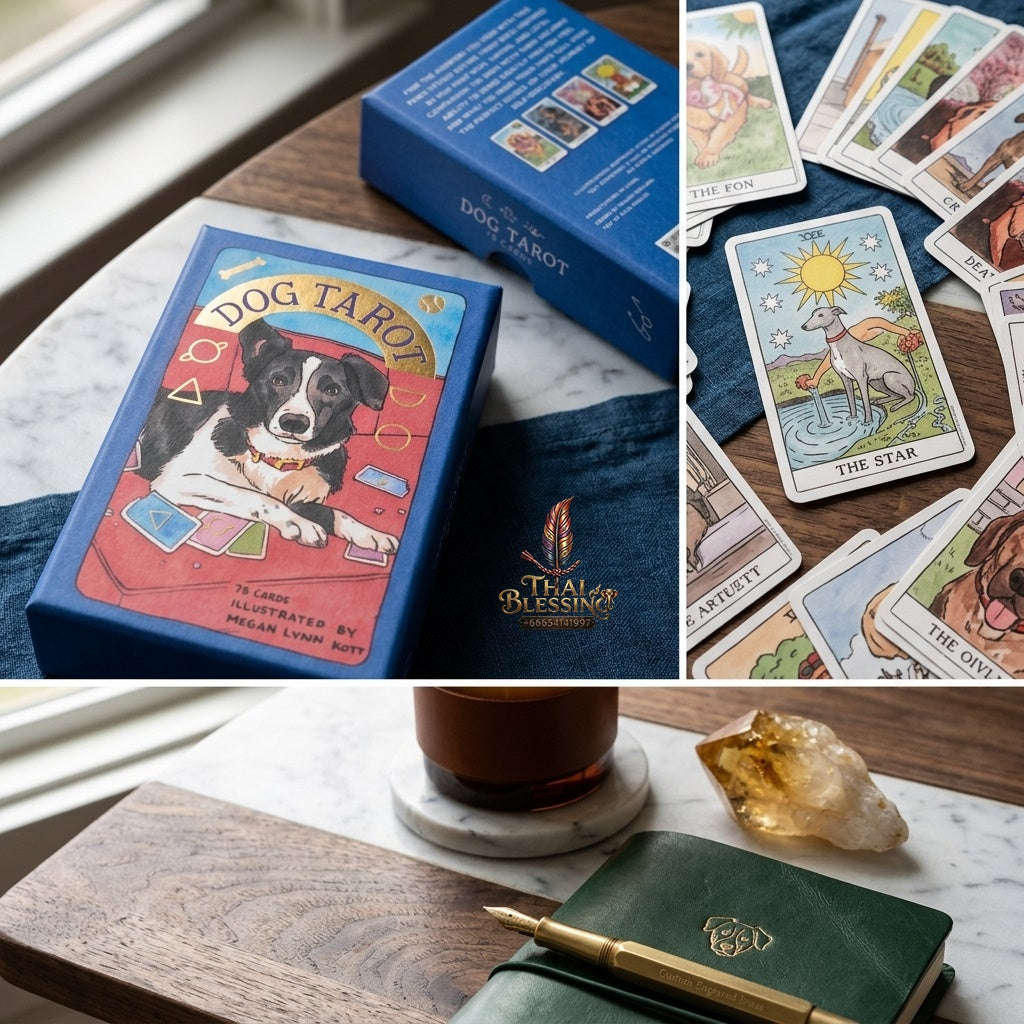✨ Dog Tarot Deck in Rigid Box: 78 Pcs Cards Inspired By Wise Canine Companions, Printed on 350GSM Double-Embossed Cardstock (12x7cm) Thai Blessing Co By RURUECHA