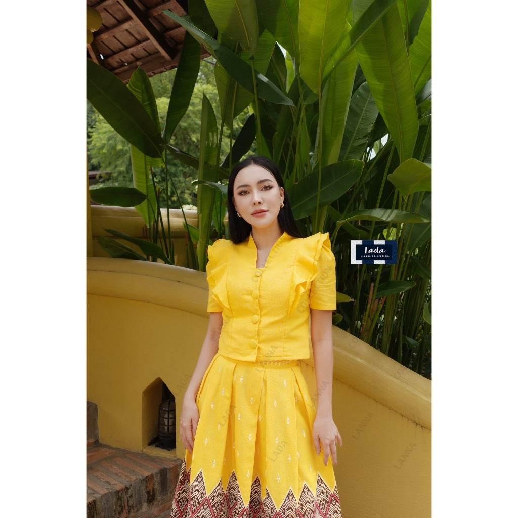 Double Layer Fan Print Blouse Set - Cotton Two-Piece Outfit in Small Leaf Pattern, Available in 2 Colors เหลือง