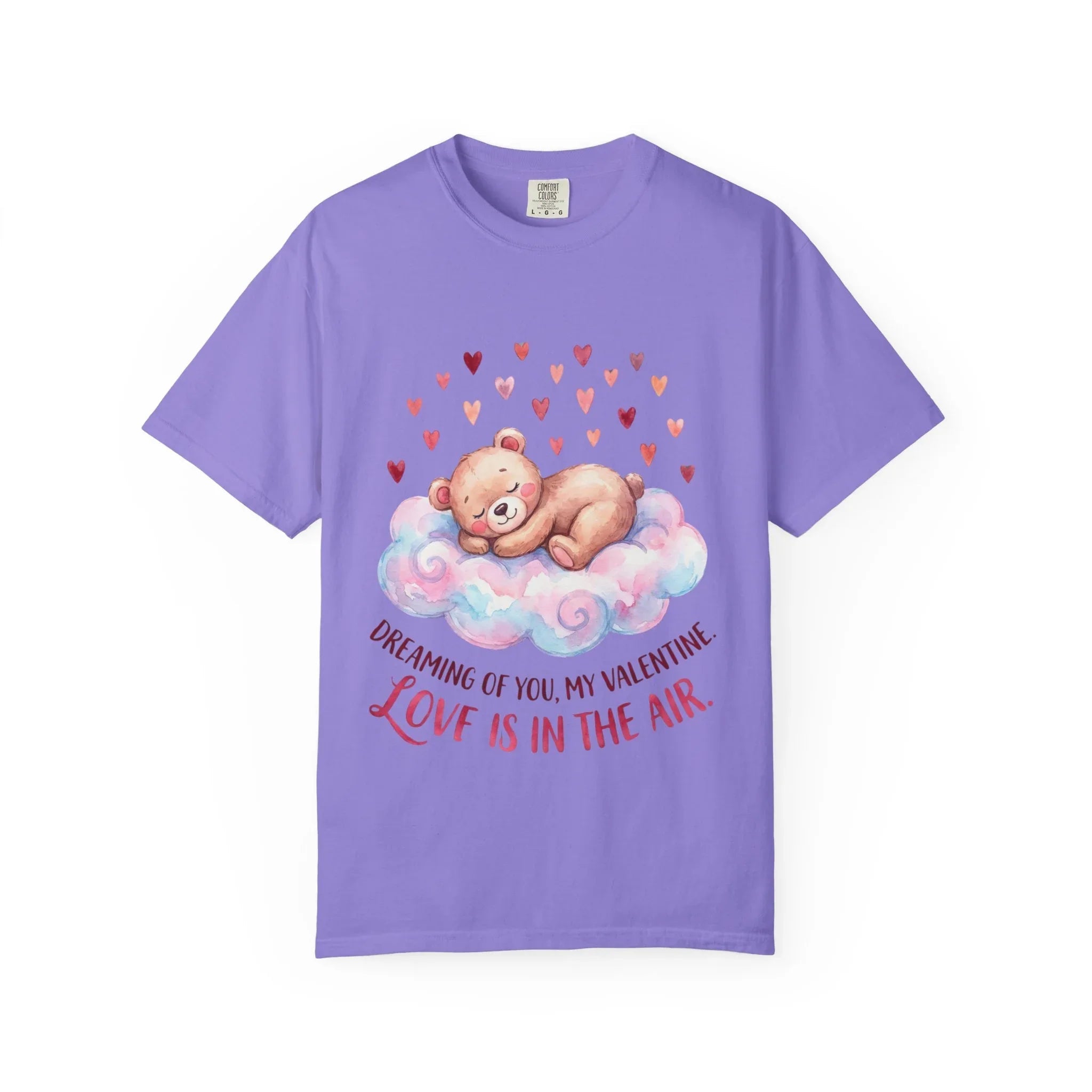 Dreams of You Valentine Bear T Shirt Cute Fluffy Teddy Cloud Hearts Watercolor Cozy Vintage Aesthetic Gift Lovers Soft Cotton Romantic Tee Violet