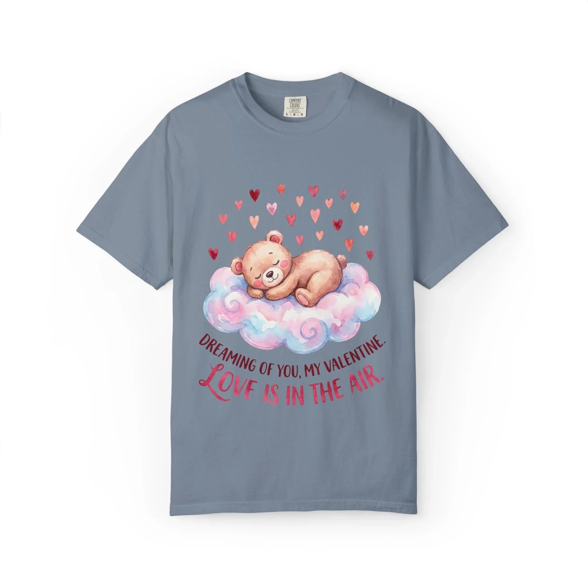 Dreams of You Valentine Bear T Shirt Cute Fluffy Teddy Cloud Hearts Watercolor Cozy Vintage Aesthetic Gift Lovers Soft Cotton Romantic Tee Blue Jean