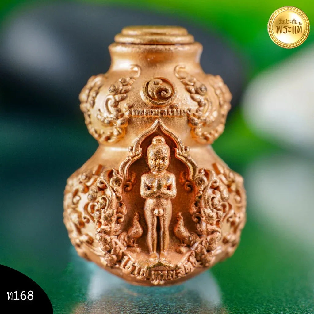 🎃 “Bronze Prosperity Gourd of Blessings” – Sacred Sandblasted Wealth Gourd Amulet featuring Luang Pu Thuad & Thai Child Guardian from Sema Muang Temple (Nakhon Si Thammarat)