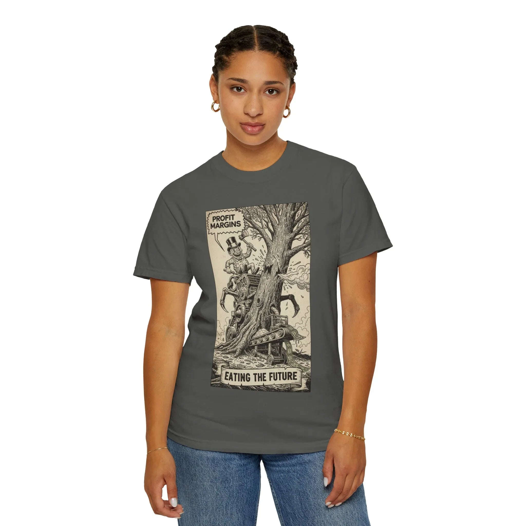 Eating The Future Shirt - Satirical Political Graphic Tee - Vintage Woodcut Eco Activist T-Shirt - Corporate Greed Social Commentary - Environmental Awareness Aesthetic Streetwear