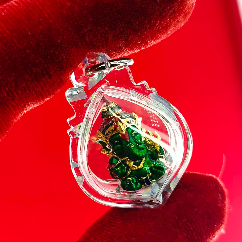 Phra Sri Siddhiya Ganapati Gold-Plated Bronze Statue with Green Enamel Finish