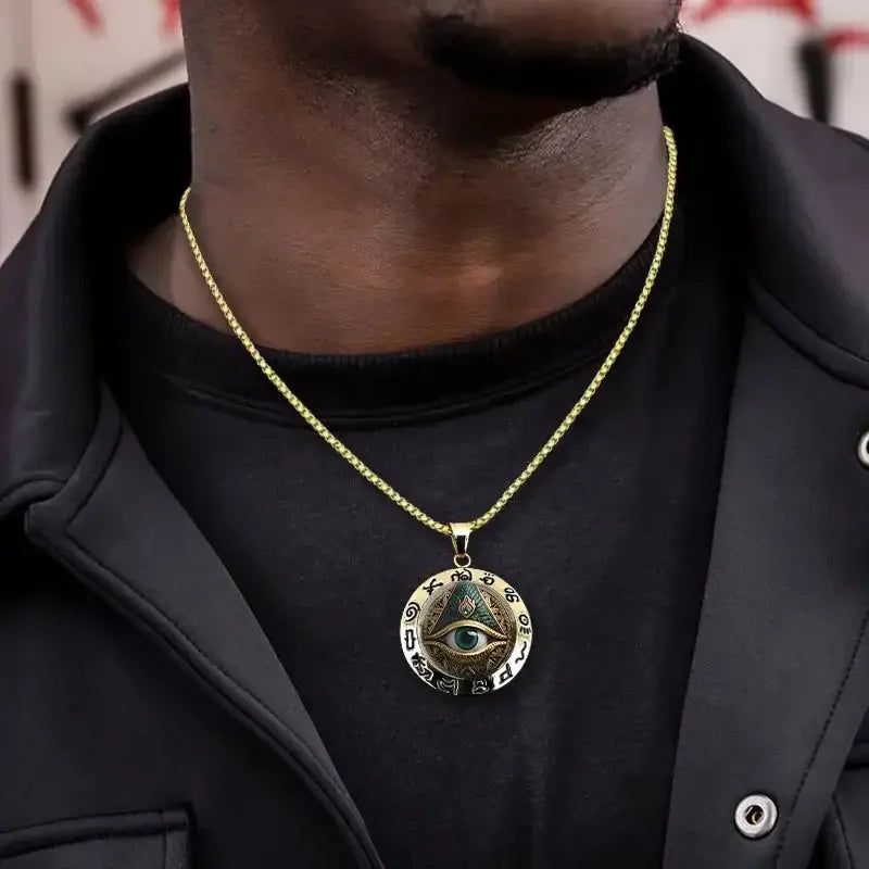 👁️ Elegant Ancient Egyptian Script Round Pendant Necklace with Evil Eye Symbol – Gold Color | Glass & Alloy | Protective and Fashion Jewelry for Women and Men