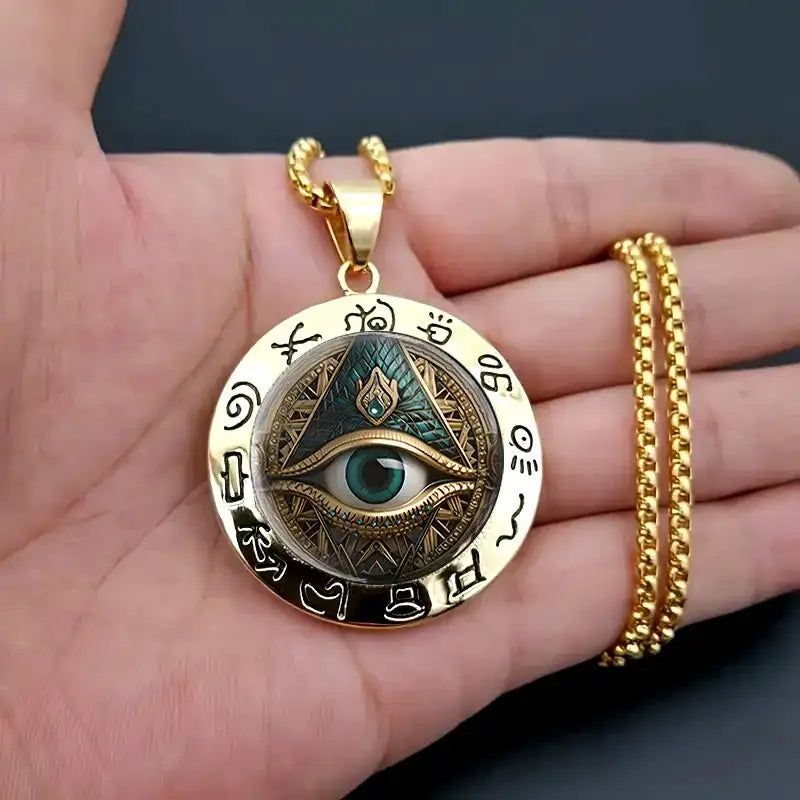👁️ Elegant Ancient Egyptian Script Round Pendant Necklace with Evil Eye Symbol – Gold Color | Glass & Alloy | Protective and Fashion Jewelry for Women and Men