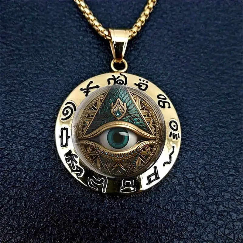 👁️ Elegant Ancient Egyptian Script Round Pendant Necklace with Evil Eye Symbol – Gold Color | Glass & Alloy | Protective and Fashion Jewelry for Women and Men
