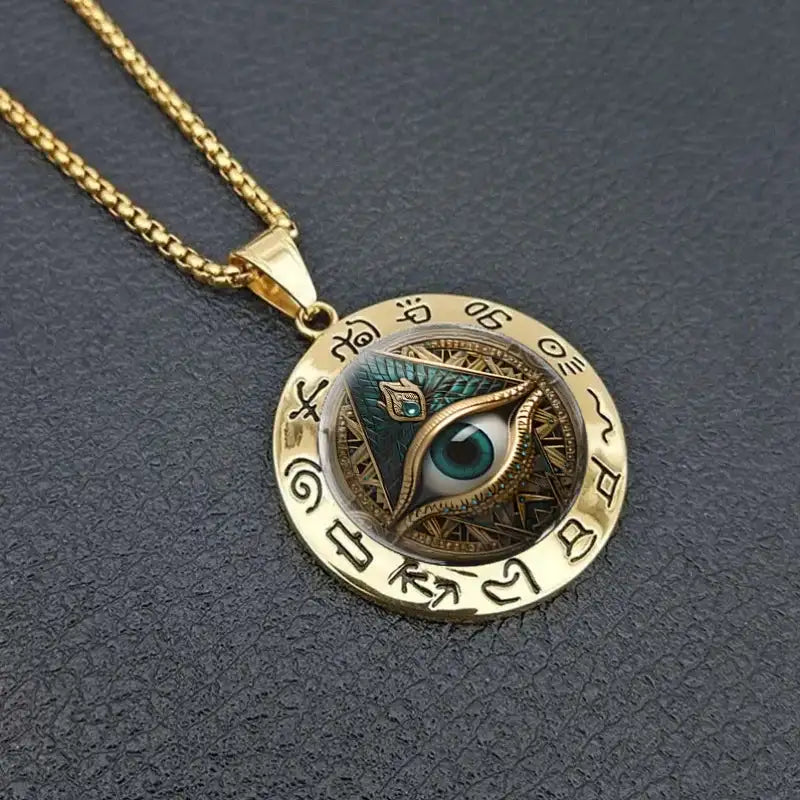 👁️ Elegant Ancient Egyptian Script Round Pendant Necklace with Evil Eye Symbol – Gold Color | Glass & Alloy | Protective and Fashion Jewelry for Women and Men