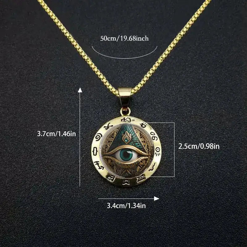 👁️ Elegant Ancient Egyptian Script Round Pendant Necklace with Evil Eye Symbol – Gold Color | Glass & Alloy | Protective and Fashion Jewelry for Women and Men