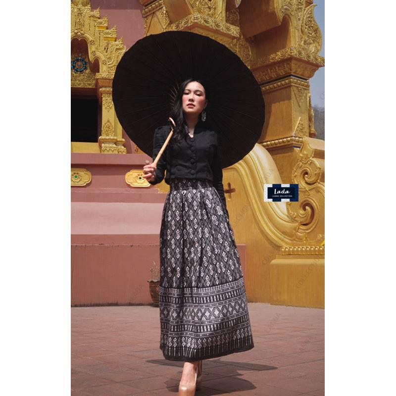 Elegant Collar Long Sleeve Top and Royal Request Pattern Skirt Set – Stylish Thai Cotton Outfit for Women in Purple, Navy Blue, Terracotta Orange & Black