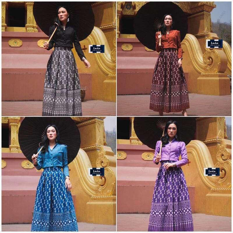 Elegant Collar Long Sleeve Top and Royal Request Pattern Skirt Set – Stylish Thai Cotton Outfit for Women in Purple, Navy Blue, Terracotta Orange & Black