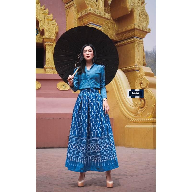 Elegant Collar Long Sleeve Top and Royal Request Pattern Skirt Set – Stylish Thai Cotton Outfit for Women in Purple, Navy Blue, Terracotta Orange & Black