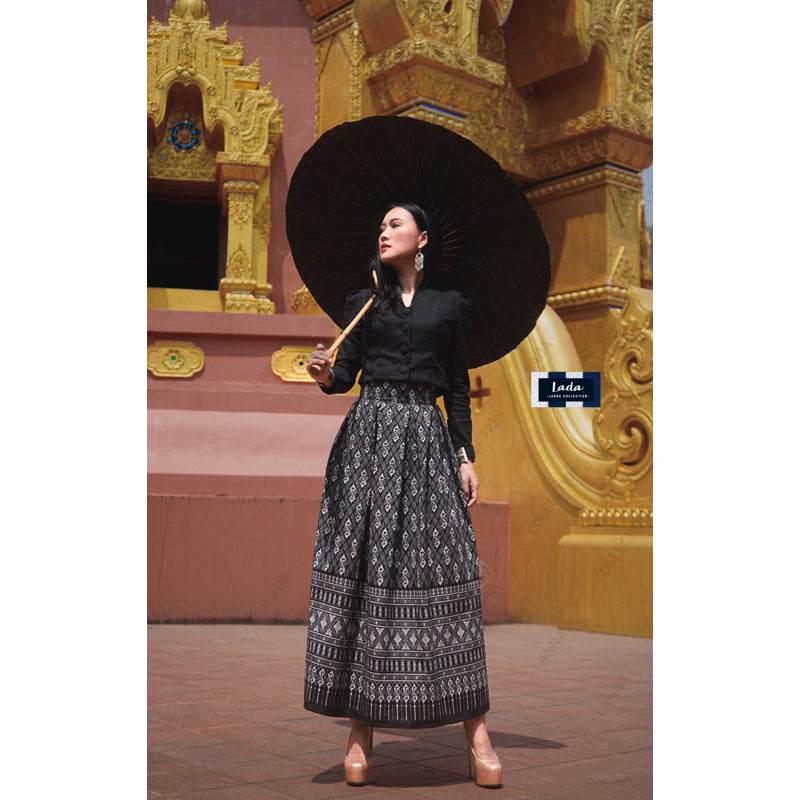 Elegant Collar Long Sleeve Top and Royal Request Pattern Skirt Set – Stylish Thai Cotton Outfit for Women in Purple, Navy Blue, Terracotta Orange & Black ดำ
