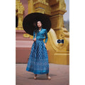 Elegant Collar Long Sleeve Top and Royal Request Pattern Skirt Set – Stylish Thai Cotton Outfit for Women in Purple, Navy Blue, Terracotta Orange & Black ฟ้า