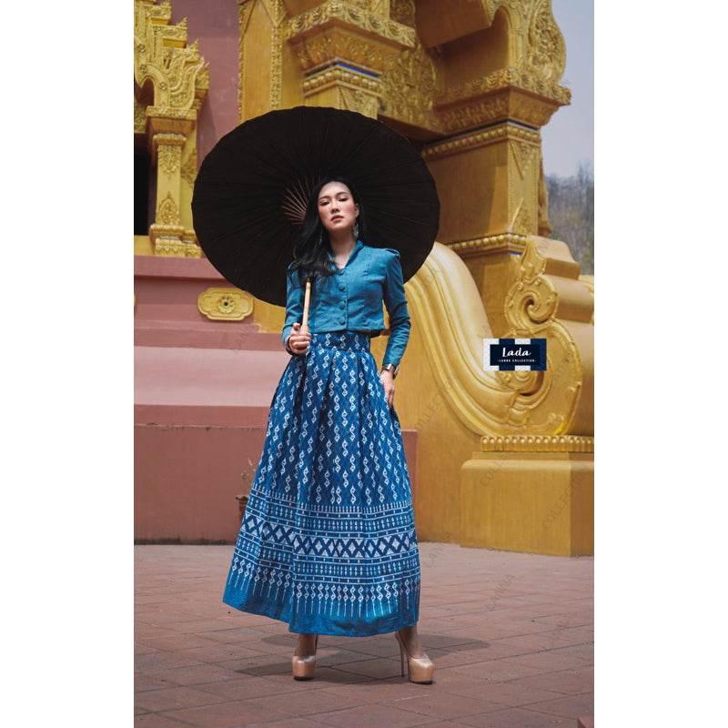 Elegant Collar Long Sleeve Top and Royal Request Pattern Skirt Set – Stylish Thai Cotton Outfit for Women in Purple, Navy Blue, Terracotta Orange & Black ฟ้า