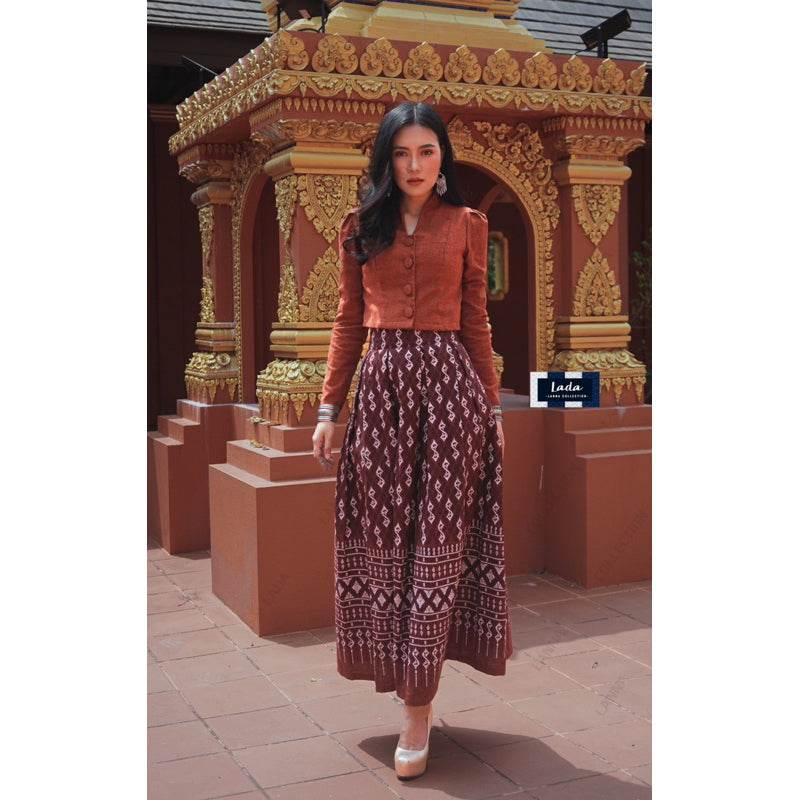 Elegant Collar Long Sleeve Top and Royal Request Pattern Skirt Set – Stylish Thai Cotton Outfit for Women in Purple, Navy Blue, Terracotta Orange & Black