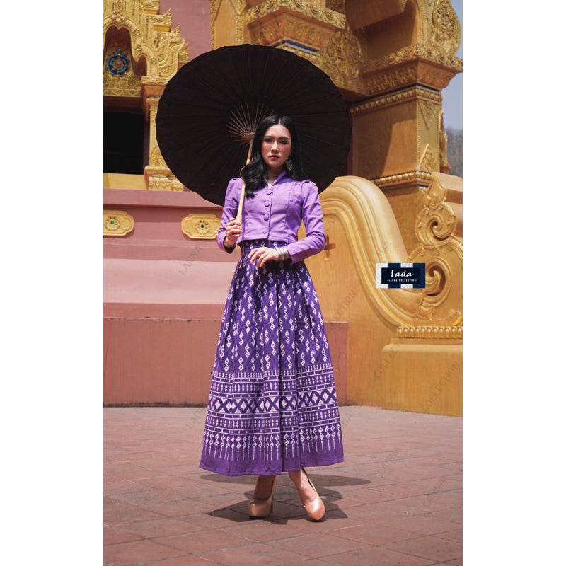 Elegant Collar Long Sleeve Top and Royal Request Pattern Skirt Set – Stylish Thai Cotton Outfit for Women in Purple, Navy Blue, Terracotta Orange & Black