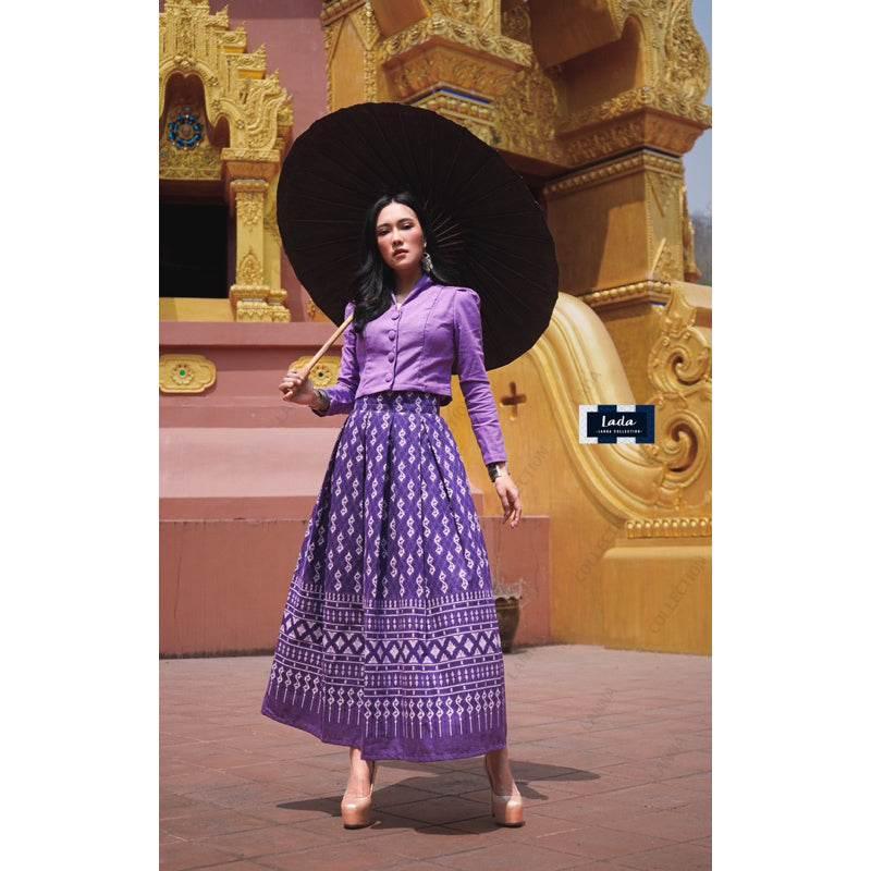 Elegant Collar Long Sleeve Top and Royal Request Pattern Skirt Set – Stylish Thai Cotton Outfit for Women in Purple, Navy Blue, Terracotta Orange & Black