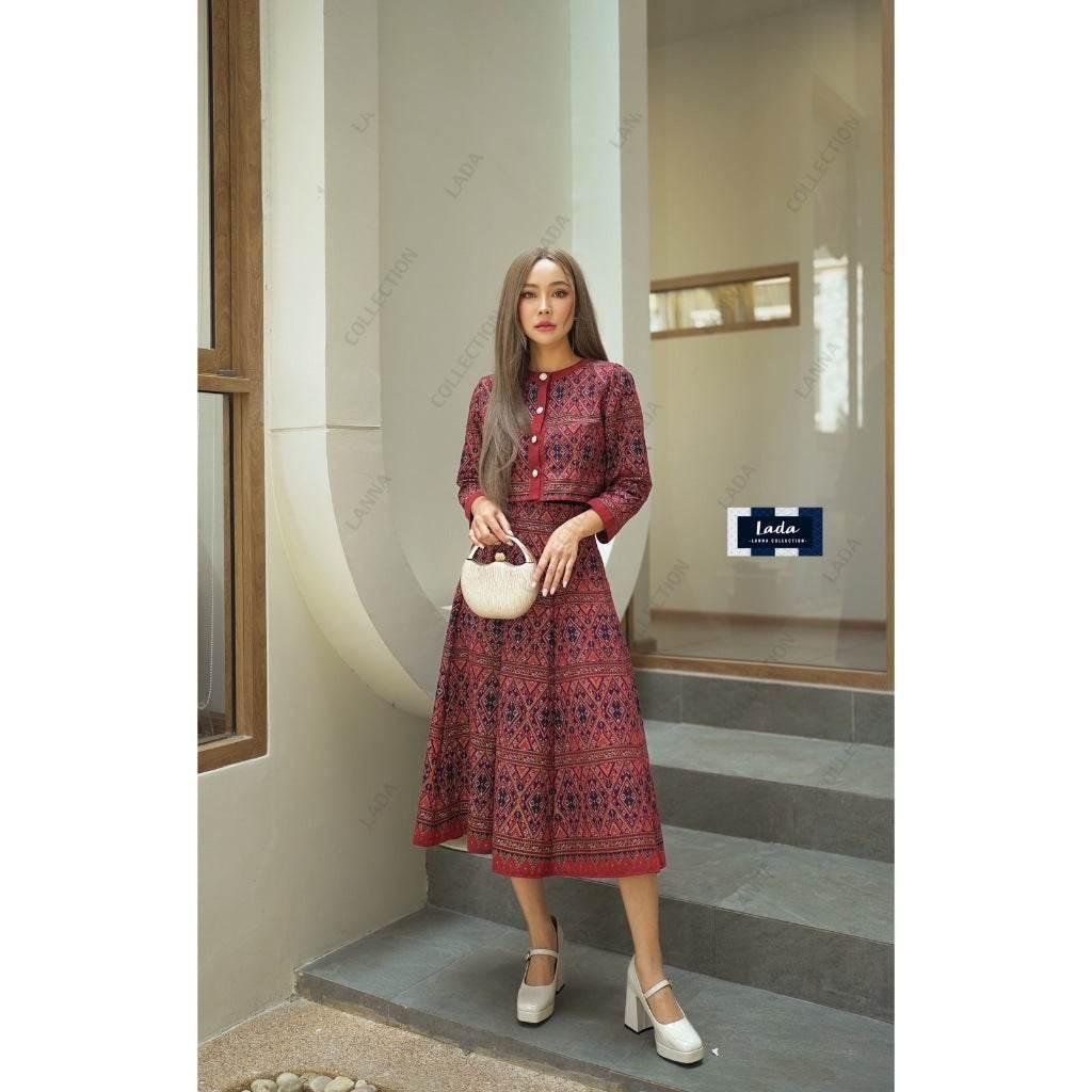 Elegant Long Sleeve Vintage Wrap Top and Skirt Set - Pleated Cotton Outfit in 3 Colors | Women's S–XL แดง