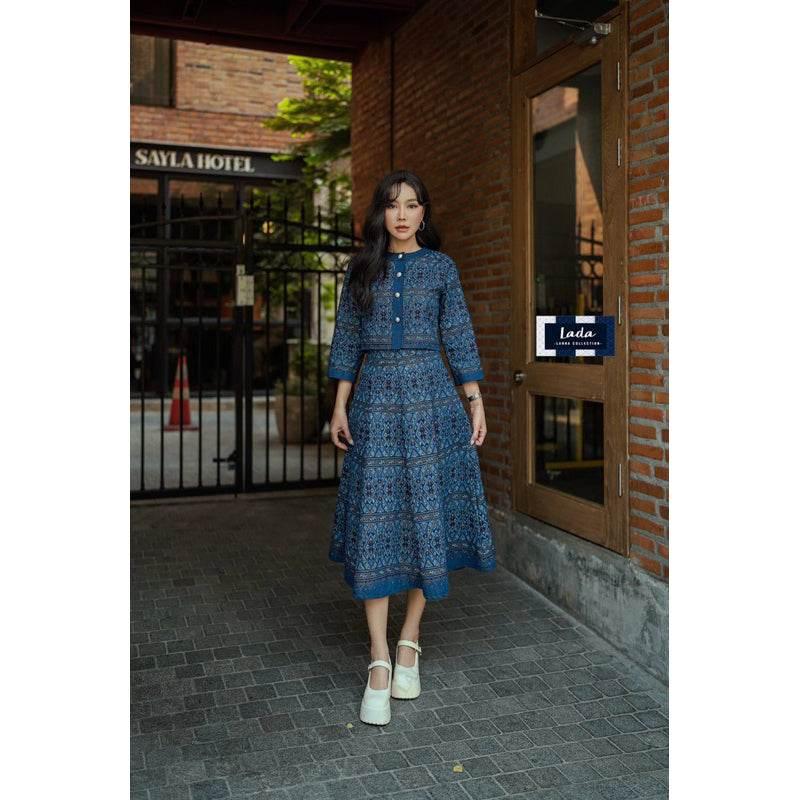 Elegant Long Sleeve Vintage Wrap Top and Skirt Set - Pleated Cotton Outfit in 3 Colors | Women's S–XL