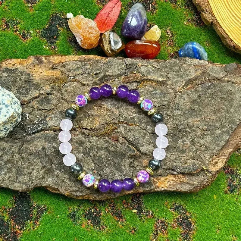 ✨ Elegant Natural Stone Bracelet – Purple Crystal Round Beads for Women – Daily Decoration & Perfect Christmas Gift Jewelry