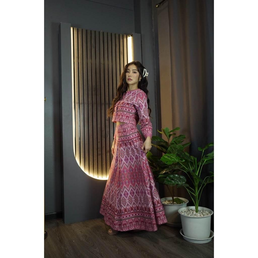 Elegant Pearl Trim Blouse Set with 6-Piece Pleated Skirt in Wine Red, Pink, and Peach | Luxurious Cotton Outfit for Modest and Daily Wear ชมพู