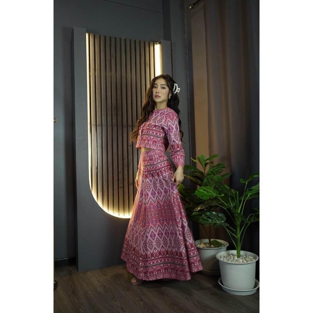 Elegant Pearl Trim Blouse Set with 6-Piece Pleated Skirt in Wine Red, Pink, and Peach | Luxurious Cotton Outfit for Modest and Daily Wear