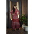 Elegant Pearl Trim Blouse Set with 6-Piece Pleated Skirt in Wine Red, Pink, and Peach | Luxurious Cotton Outfit for Modest and Daily Wear แดงไวน์