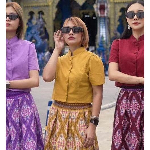Elegant Pearl Trim Blouse Set with Pleated Skirt - Luxurious Cotton Daily Wear in Wine Red, Pink, Peach เหลือง
