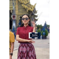 Elegant Pearl Trim Blouse Set with Pleated Skirt - Luxurious Cotton Daily Wear in Wine Red, Pink, Peach แดง