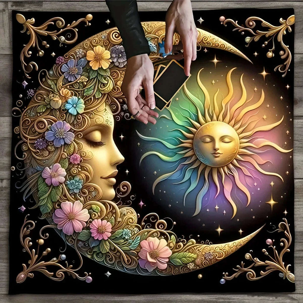 🃏 Elegant Sun & Moon Mandala Tarot Tablecloth – Starry Sky Witchcraft Altar Cloth for Astrology, Oracle Readings & Black Tarot Mat
