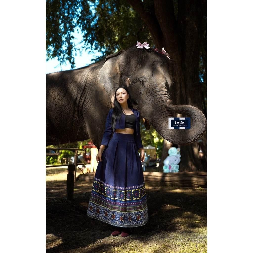 Elegant Swirl Pattern Outfit: Navy Blue Wrap Top and Pleated Skirt Set for Women in Polyester and Cotton | Sizes S–XL
