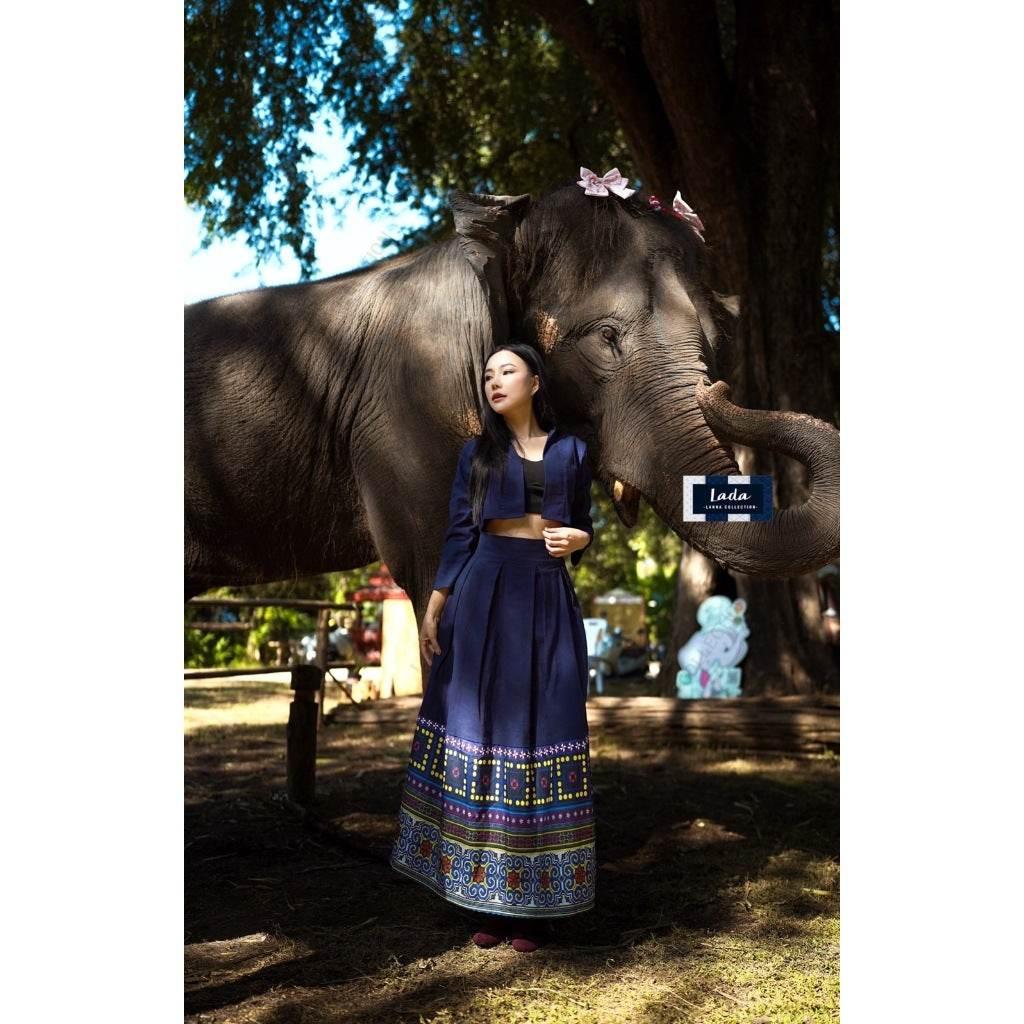 Elegant Swirl Pattern Outfit: Navy Blue Wrap Top and Pleated Skirt Set for Women in Polyester and Cotton | Sizes S–XL