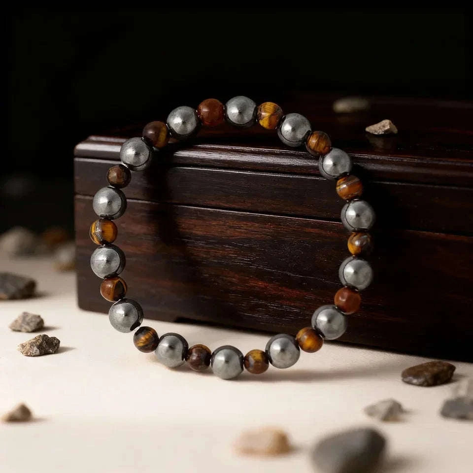 ✨ Elegant Winter Jewelry – Black and Yellow Tiger's Eye with Hematite Bead Bracelet – Perfect Gift for Husband for Daily Style